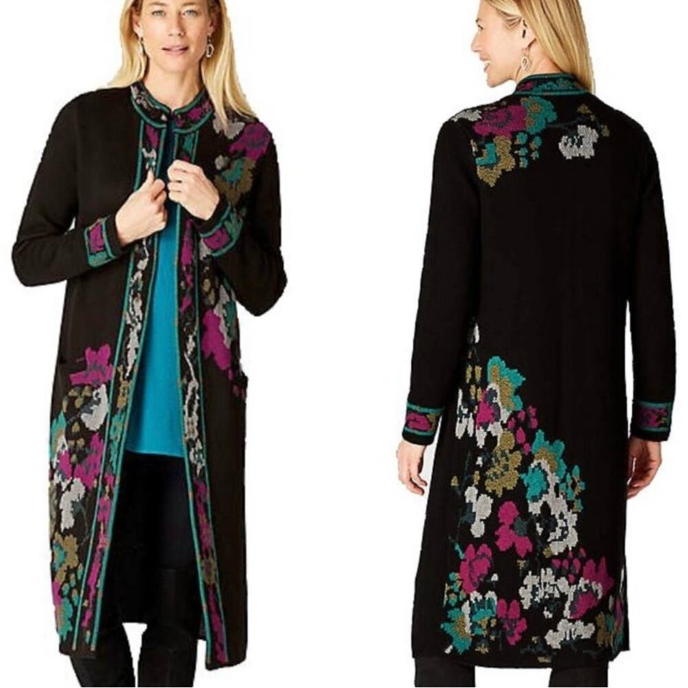 NEW J. Jill Trailing Flowers Jacquard Topper Floral Duster Sweater Coat Cardigan
